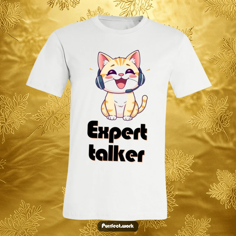 Funny cat wearing a headset, talking animatedly, featured on a comfortable t-shirt, perfect for enthusiastic communicators.