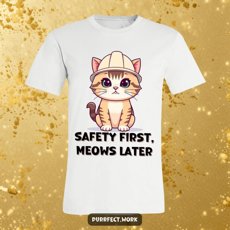 Funny cat t-shirt depicting a serious cat wearing a miniature construction hard hat, ready to build.