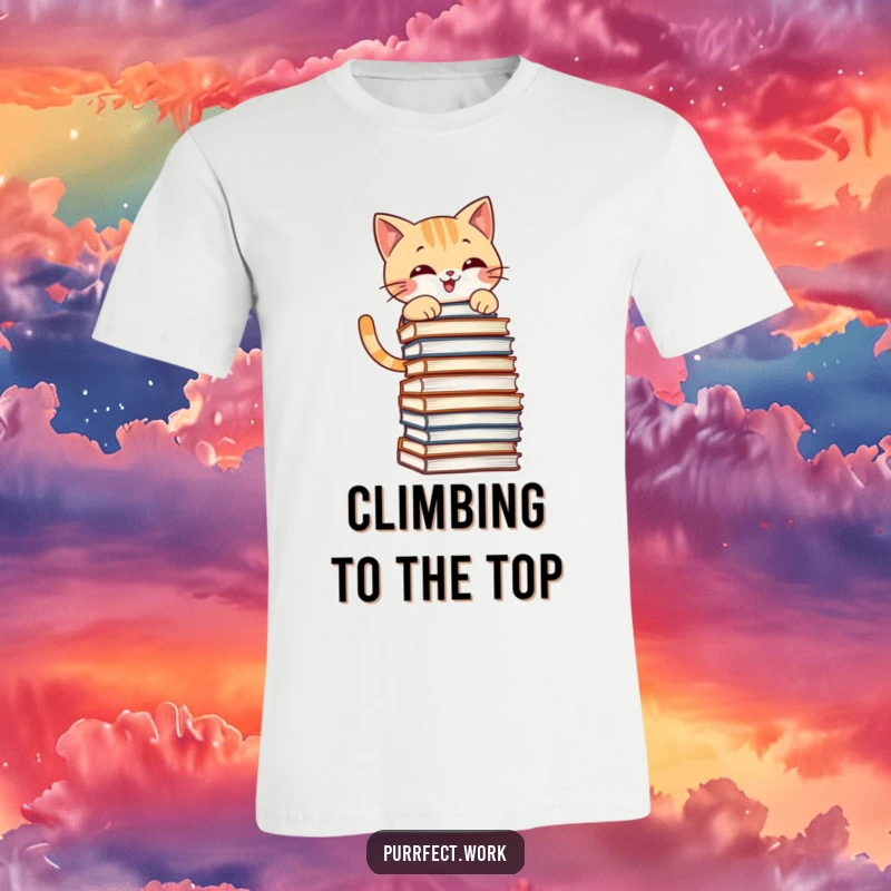 Funny t-shirt with a mischievous cat grinning while climbing a tall stack of files, ideal for cat lovers and pranksters.