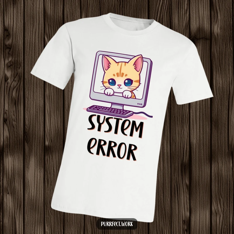 Funny Mischievous Cat T-Shirt: A graphic tee showing a cat peeking out from behind a computer monitor, suggesting sneaky fun.