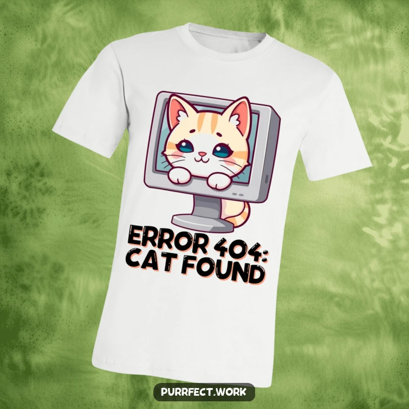 Funny cat t-shirt showing a sly cat hiding behind a computer monitor, plotting its next move.