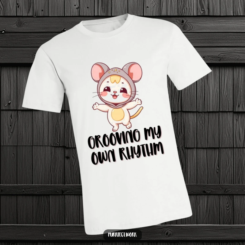 Funny Mouse Cat T-Shirt: A happy cat dressed as a mouse is shown dancing with enthusiasm.