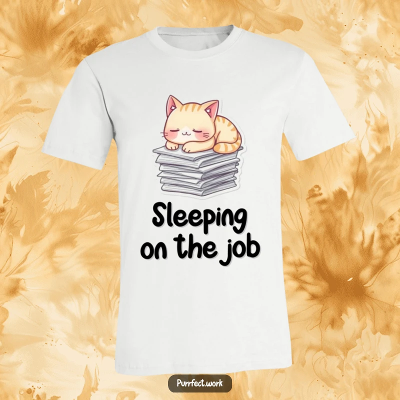 Funny T-Shirt showcasing a mischievous cat sound asleep on a pile of papers, exuding ultimate comfort.