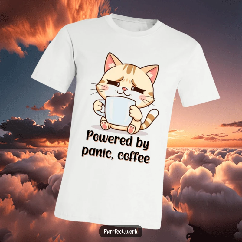 Funny smiling cat holding a coffee mug, looking slightly stressed, a humorous t-shirt for everyday wear and a funny gift.