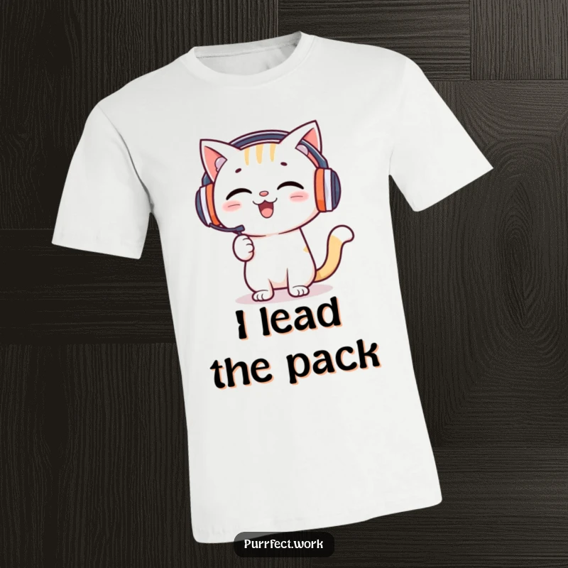 Funny t-shirt with a happy cat wearing headphones, enthusiastically presenting, ideal for speakers and cat enthusiasts.