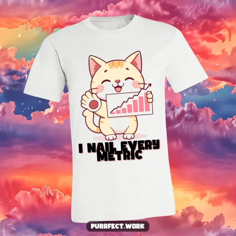 Funny happy cat presenting a graph with a paw, looking proud, a humorous t-shirt for celebrating success and a funny gift.