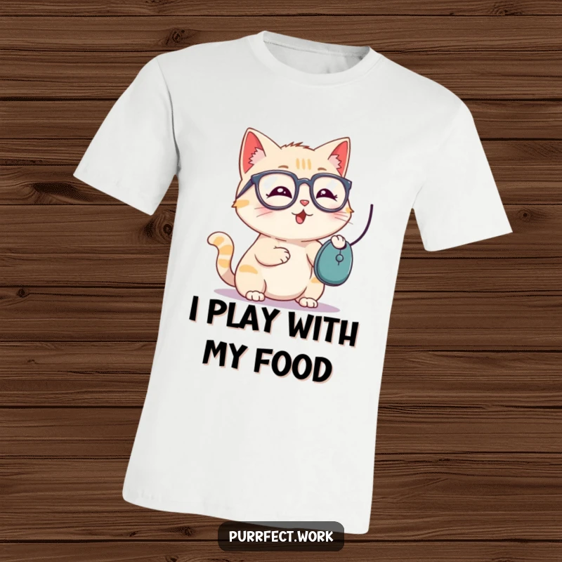 Funny t-shirt with a playful cat wearing glasses batting a dangling computer mouse, ideal for cat lovers and techies.