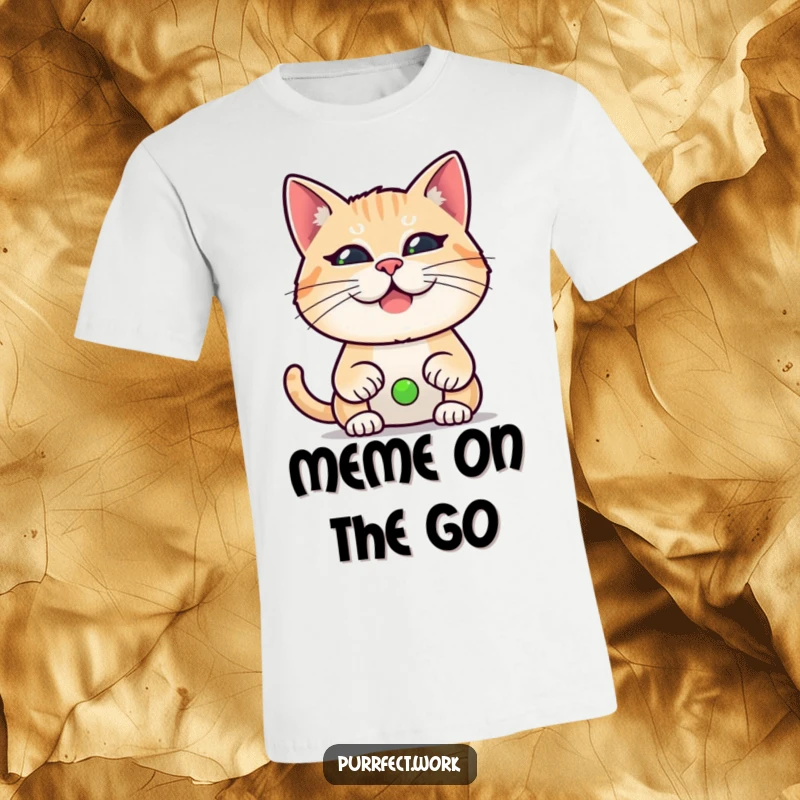 Funny t-shirt depicting a cat making a comical expression during a video conference, showcasing pet interruptions.