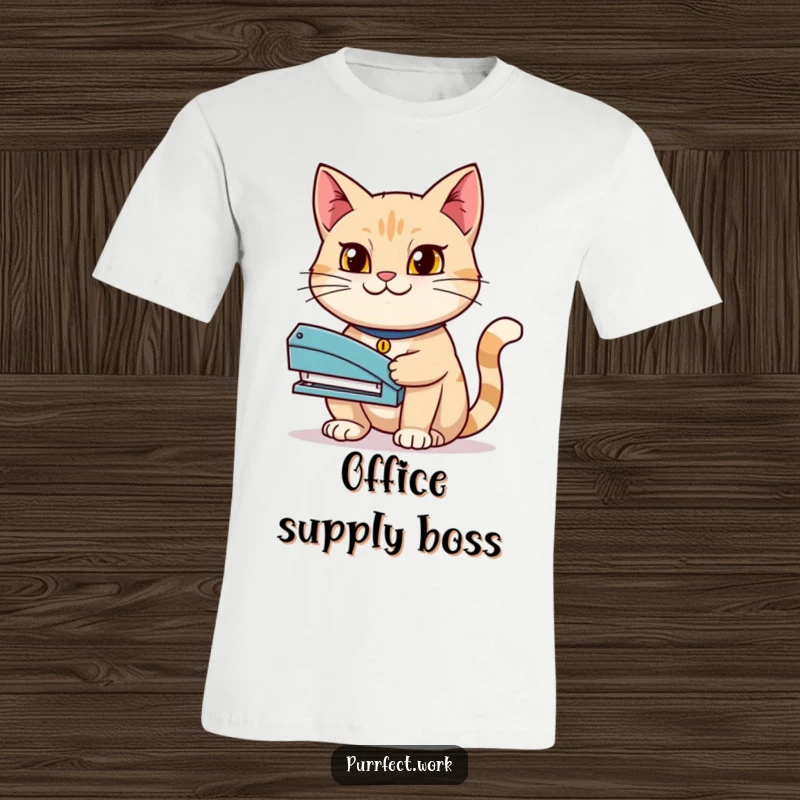 Funny t-shirt graphic of a cat holding a stapler with a determined grin, embodying ambition and a no-nonsense attitude.