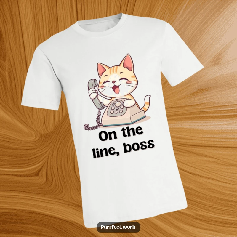 Funny t-shirt graphic of a cat eagerly picking up a ringing telephone, conveying excitement and social interaction humor.