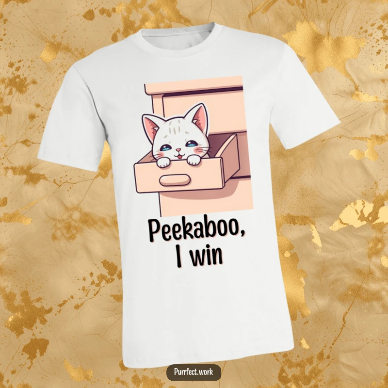 Funny Peek-a-Boo Cat T-Shirt: A curious cat is shown peeking out from a desk drawer.