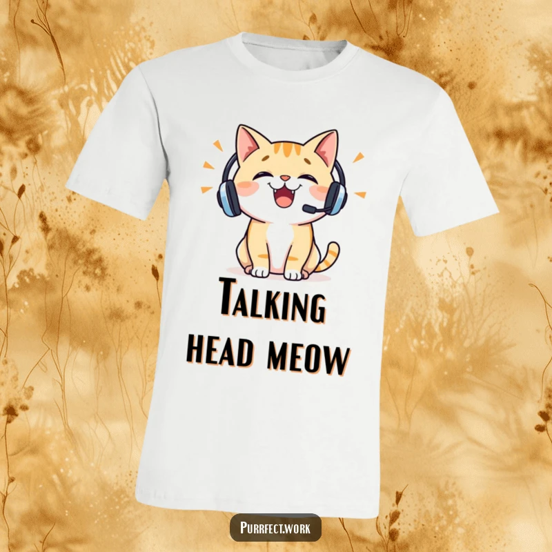 Funny cat t-shirt showcasing a cheerful cat wearing a headset, talking animatedly with expressive eyes and a lively demeanor.