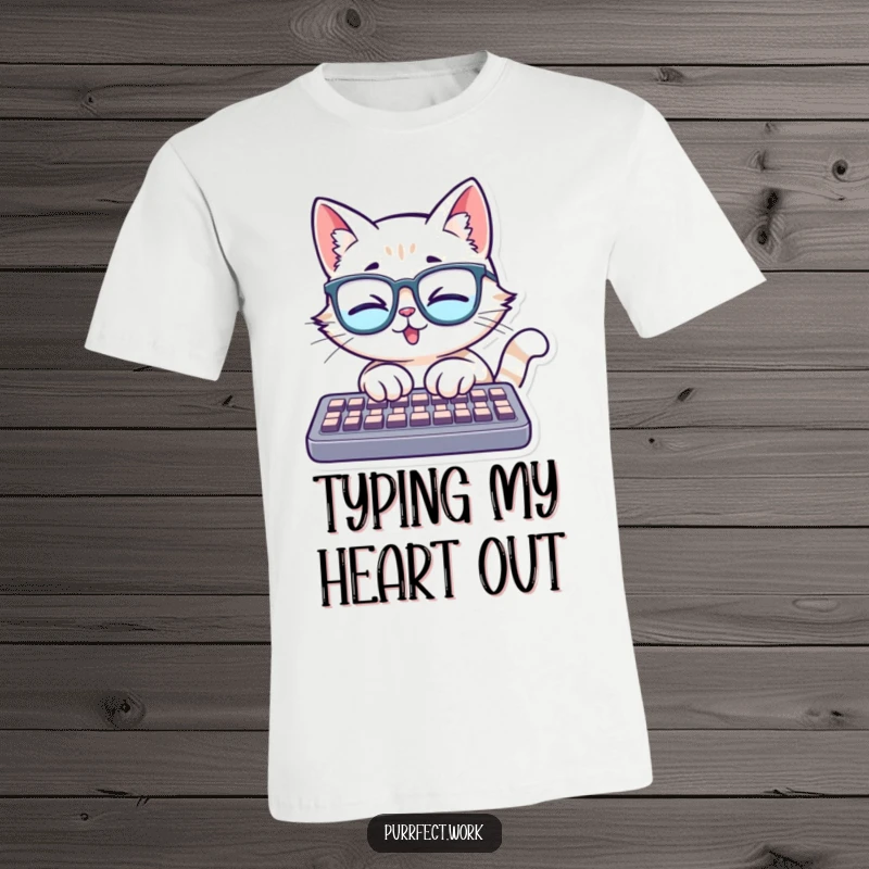 Funny t-shirt graphic of a cat with glasses, enthusiastically typing on a keyboard, symbolizing intellect and a love for technology.