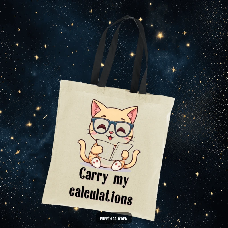 Funny Cat Tote Bag: A cat wearing glasses reads a spreadsheet, perfect for stylishly carrying books and essentials humorously.