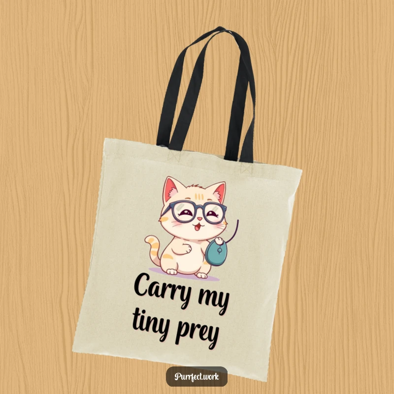 Funny tote bag with a playful cat wearing glasses batting a computer mouse, perfect for shopping or carrying books.