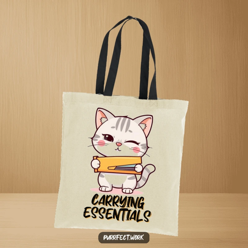 Funny tote bag showing a winking cat holding a tiny stapler, ideal for carrying essentials with a playful attitude.