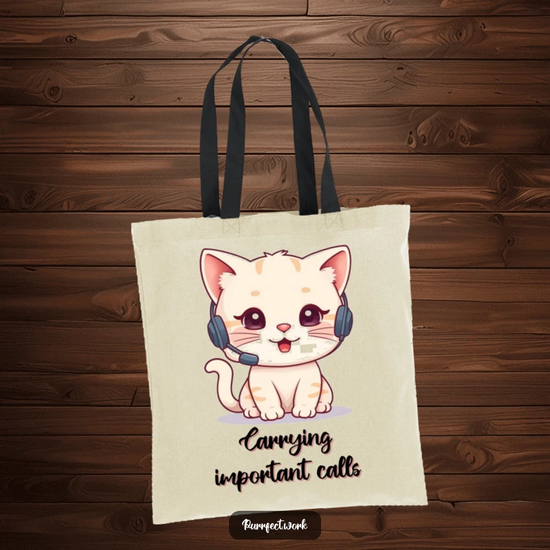 Funny Cat Agent Tote Bag featuring a cute cat with a headset, talking on a phone, designed for carrying items with a business vibe. Chic tote.
