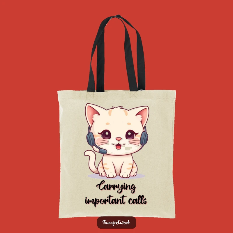 Funny Cat Agent Tote Bag - Headset Phone Character Carry-All