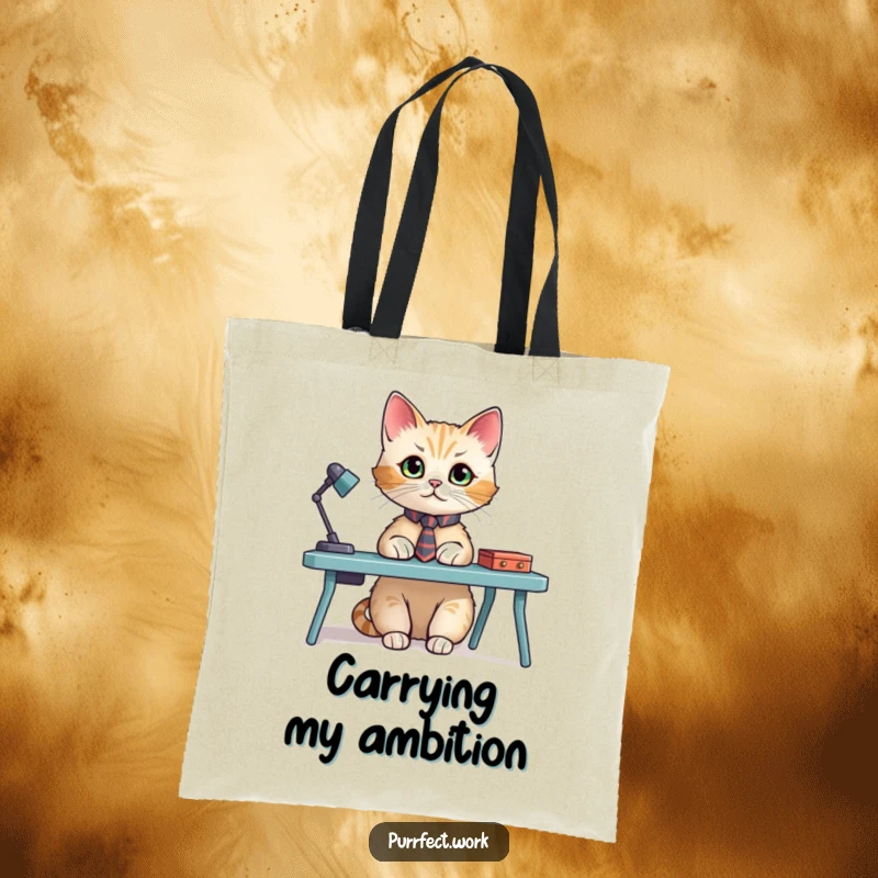 Funny tote bag showcasing a cat wearing a tiny tie, sitting at a miniature desk, ready to carry your books and laptop stylishly.
