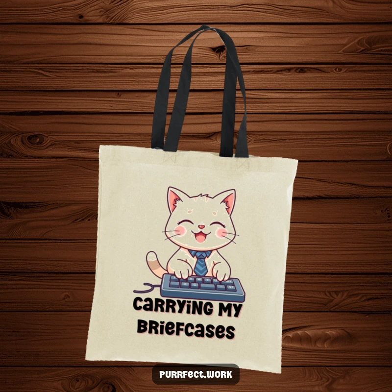Funny tote bag with a smiling cat character wearing a tiny tie, typing on a keyboard, perfect for carrying work essentials.