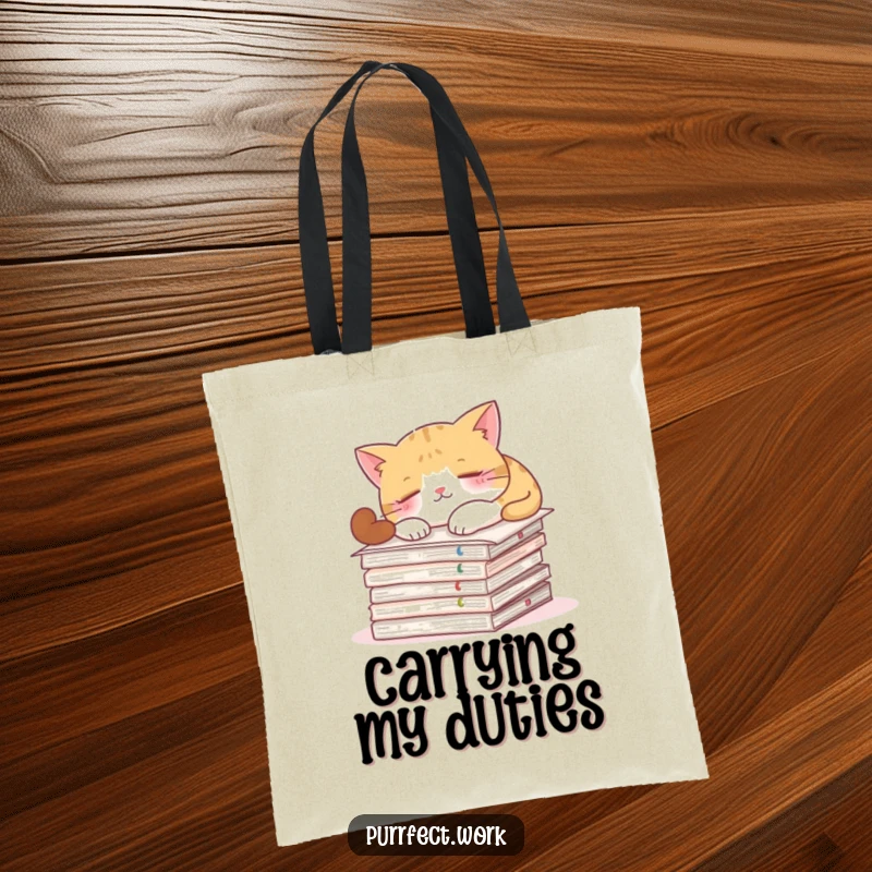 Funny tote bag showing a cat napping on a stack of important documents, perfect for carrying essentials with humor.