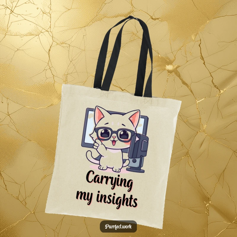 Funny tote bag with a cat wearing glasses, pointing dynamically at a computer screen, conveying excitement for technology.