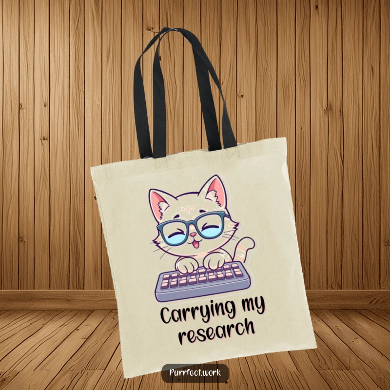 Funny tote bag showcasing a cat with glasses, typing enthusiastically on a keyboard, ideal for carrying books, laptops, and other essentials.