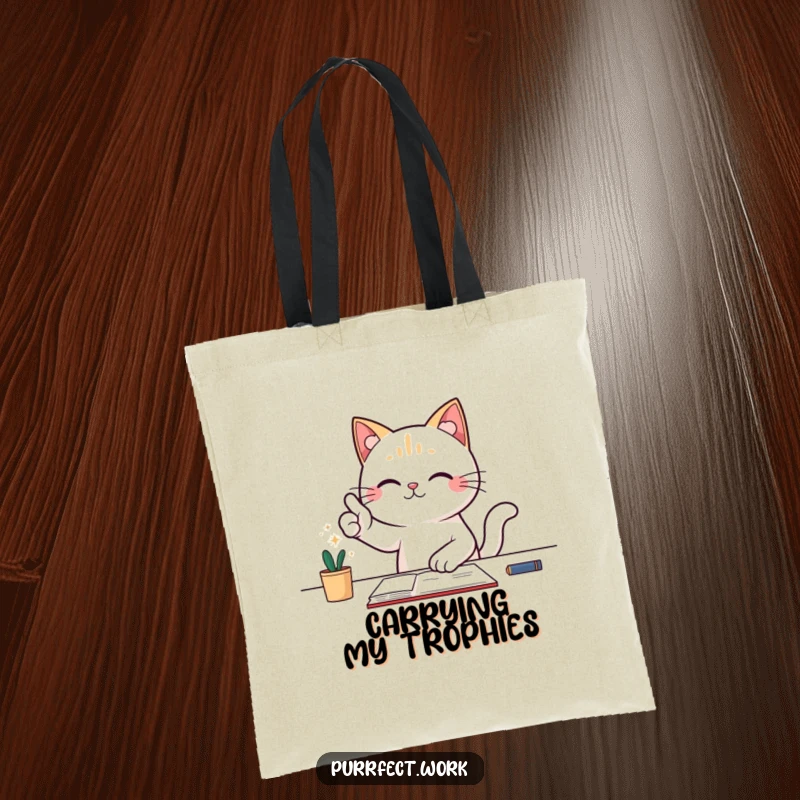 Funny tote bag with a cat at a desk giving a triumphant thumbs-up, symbolizing a job well done.