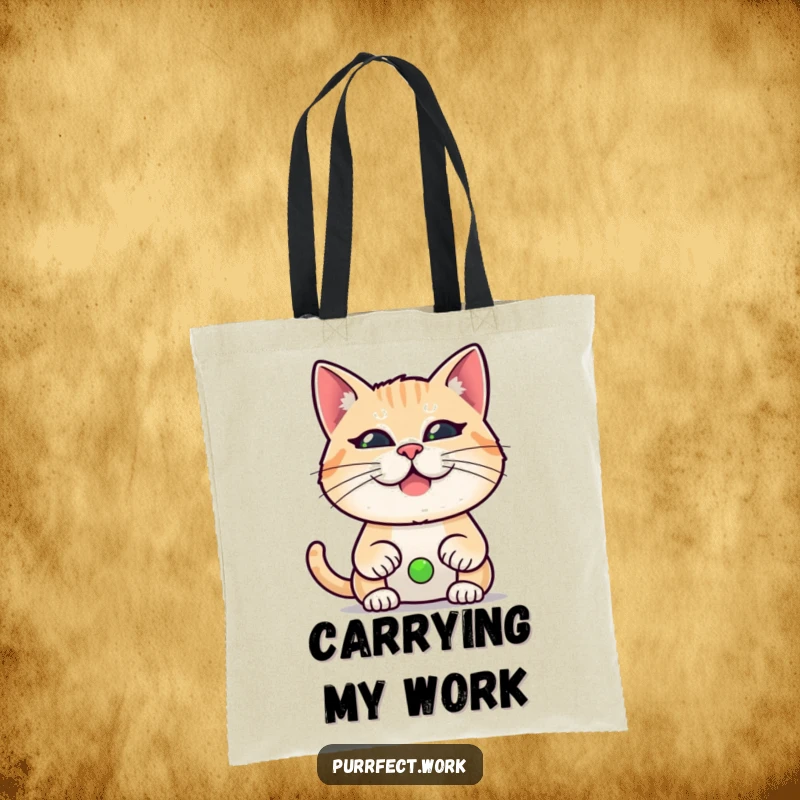 Funny tote bag showing a cat making a funny face during a video call, perfect for carrying items with humor.