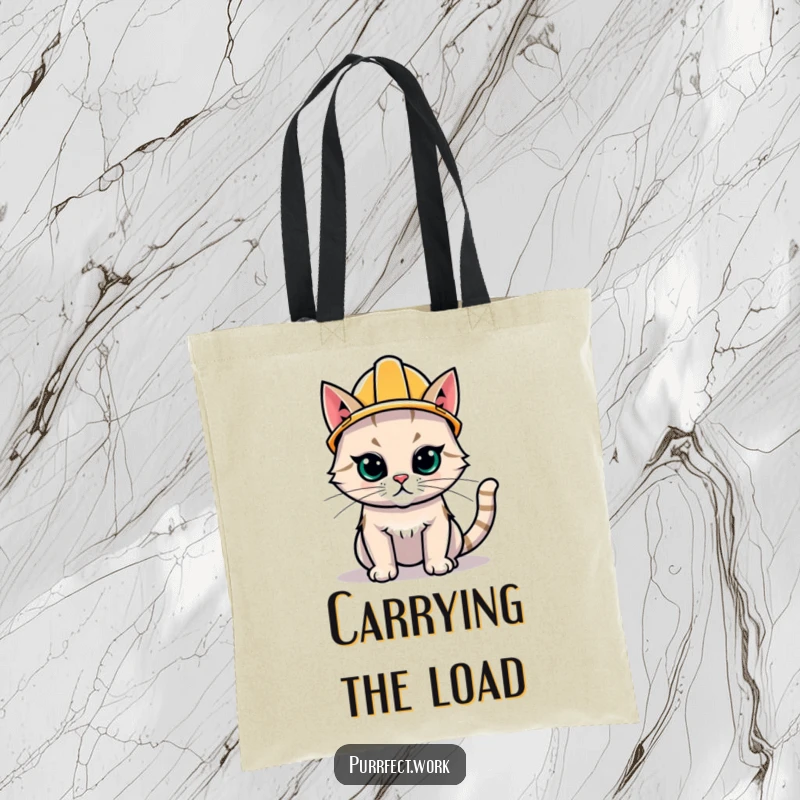 Funny Hard Hat Cat Tote Bag: A sturdy bag printed with a focused cat wearing a hard hat, perfect for carrying daily items.