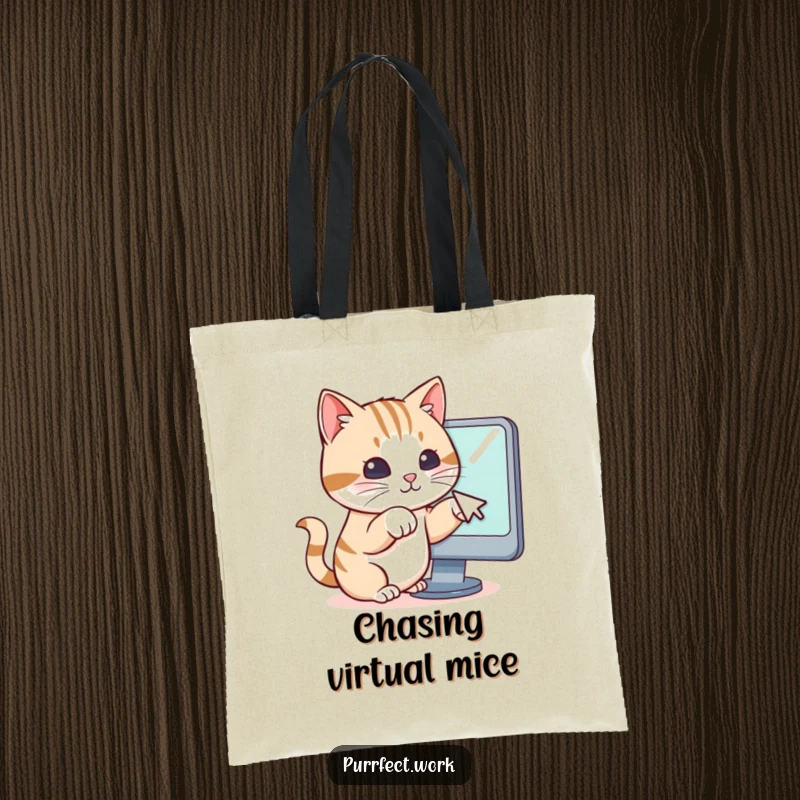 Funny tote bag featuring a cat’s cute paws reaching out to tap a computer mouse cursor on a digital display, capturing digital fun.