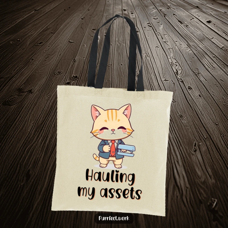 Funny tote bag graphic of a cat in a business suit using a stapler, perfect for carrying work items with humorous flair.