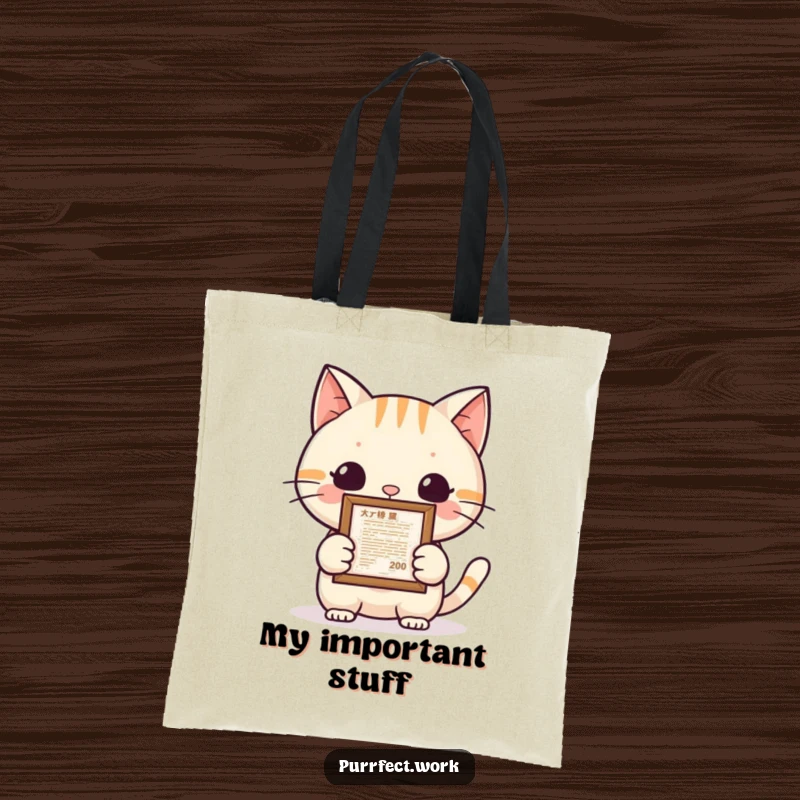 Funny cat achievement tote bag featuring a proud cat holding a framed document, ideal for carrying essentials while showcasing success humorously.