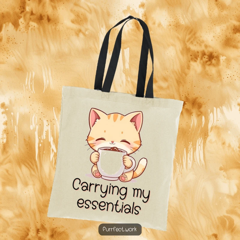 Funny cat tote bag, cute character enjoys a tiny coffee mug, perfect for carrying daily items with a touch of humor.
