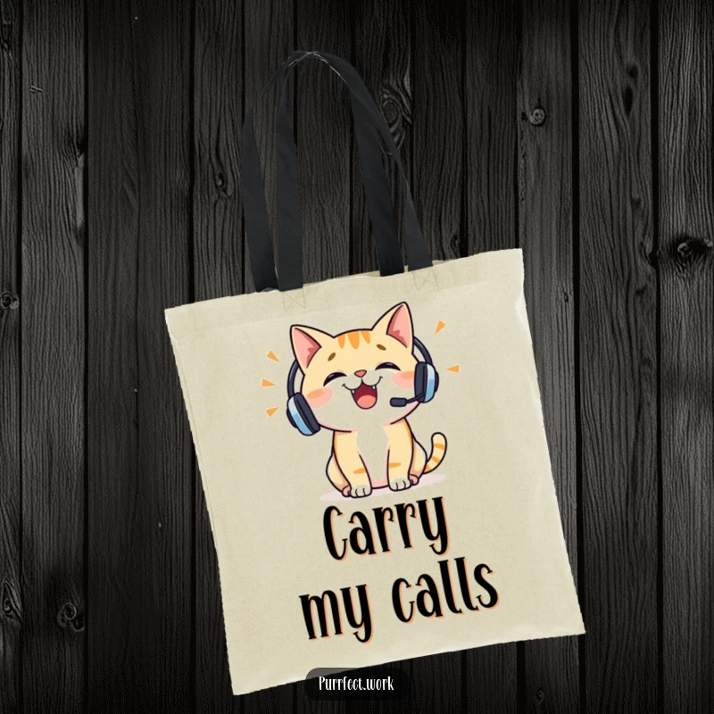 Funny cat tote bag with a cheerful cat wearing a headset, talking enthusiastically, perfect for carrying books or groceries with style.