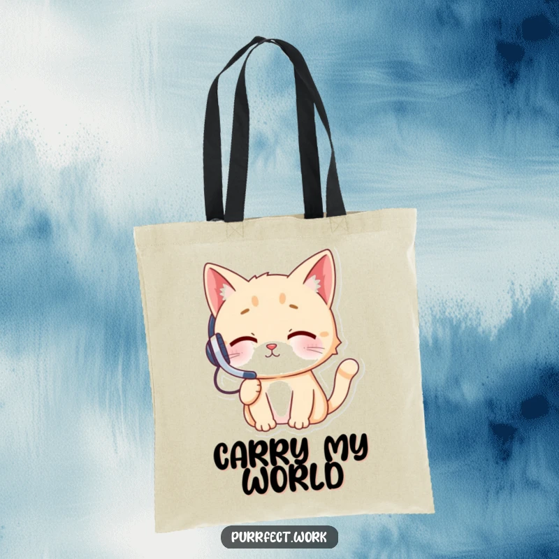 Funny cat wearing a small headset, actively talking on a phone, looking very busy and stylish, on a durable tote bag.