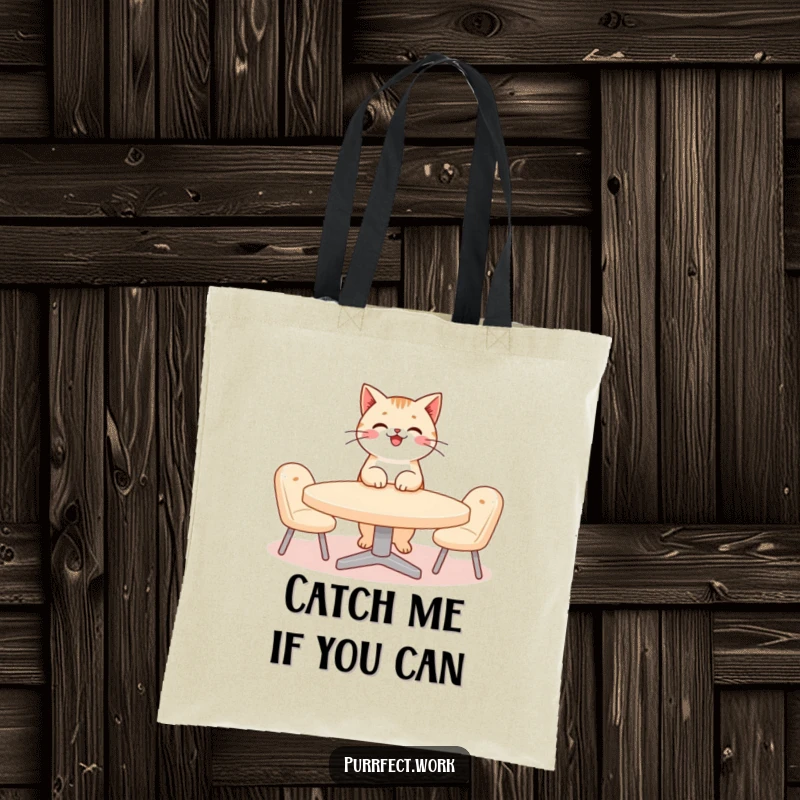 Funny cat meeting tote bag with a smiling cat character in a tie, directing a miniature meeting around a small round table.