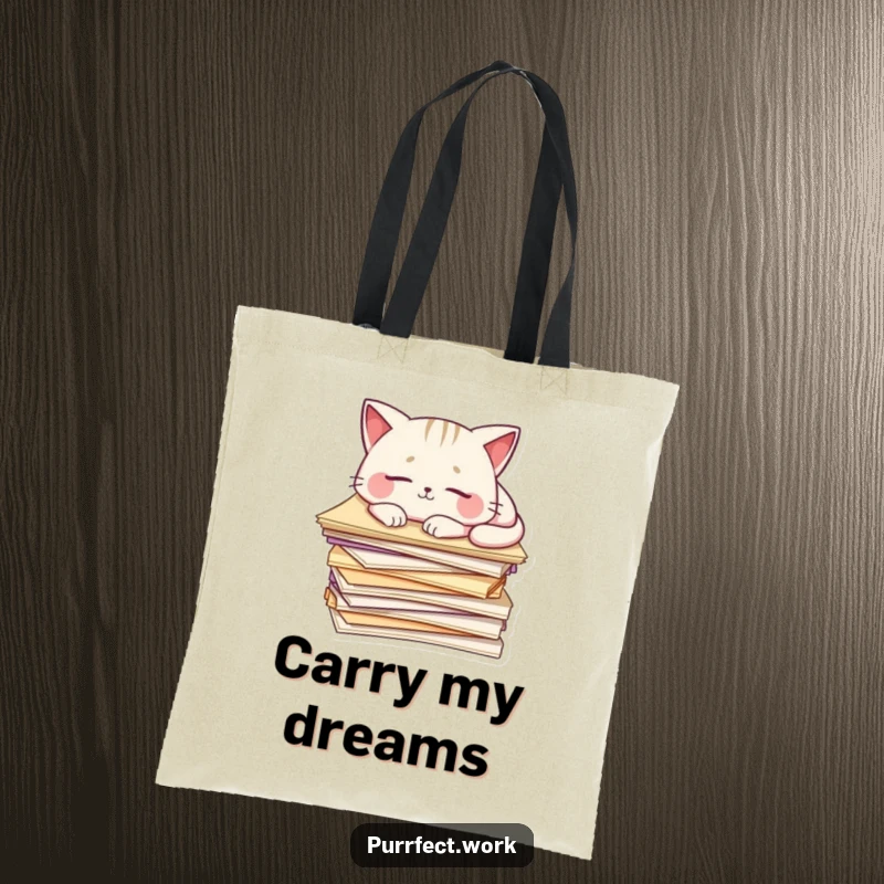 Funny Cat Tote Bag: A cat sleeps on a stack of papers, perfect for carrying books and essentials with playful humor.