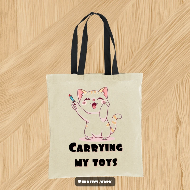 Funny tote bag showcasing a cat playfully batting at a dangling pen, ideal for carrying your books, snacks, and other playful necessities.