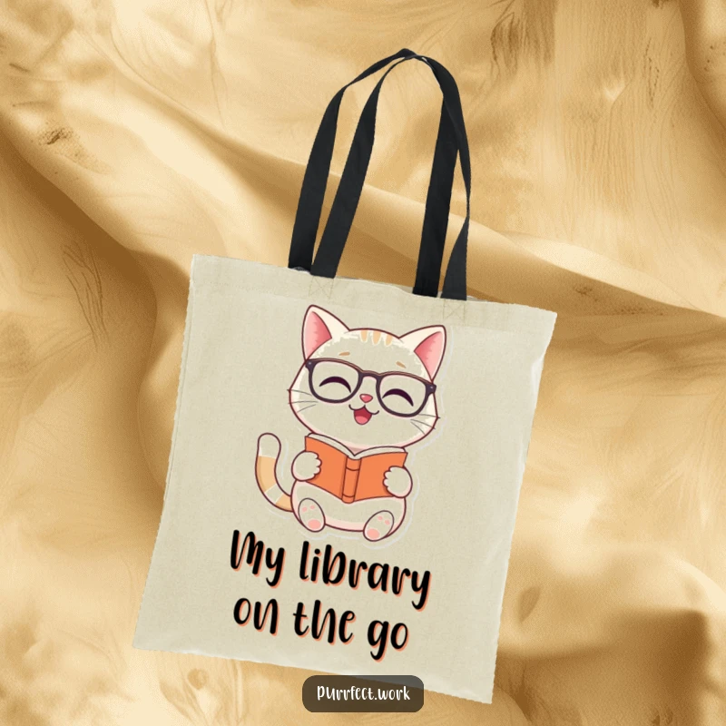 Funny Cat Reader Tote Bag: A tote bag design featuring a smiling cat with glasses reading a small book.