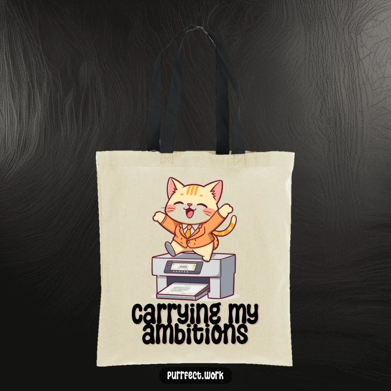 Funny cat tote bag, a cat in a suit leaping over a printer, perfect for work and carrying documents.