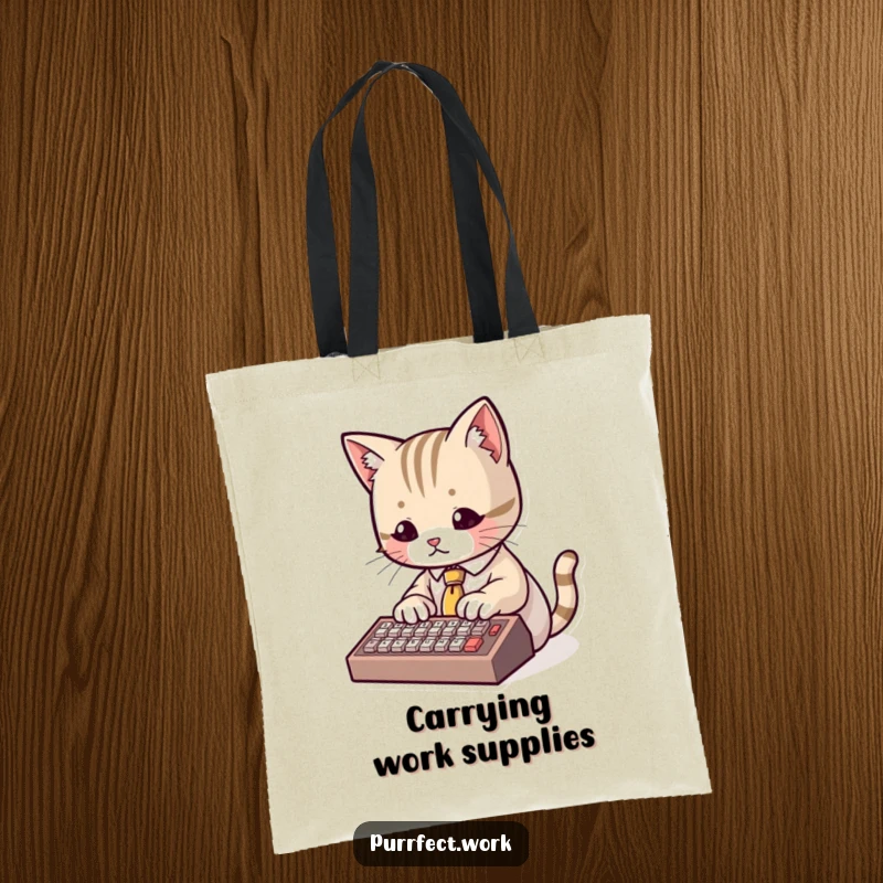 Funny Tote Bag featuring a cute cat wearing a tiny tie and typing on a miniature keyboard, a humorous accessory for business.