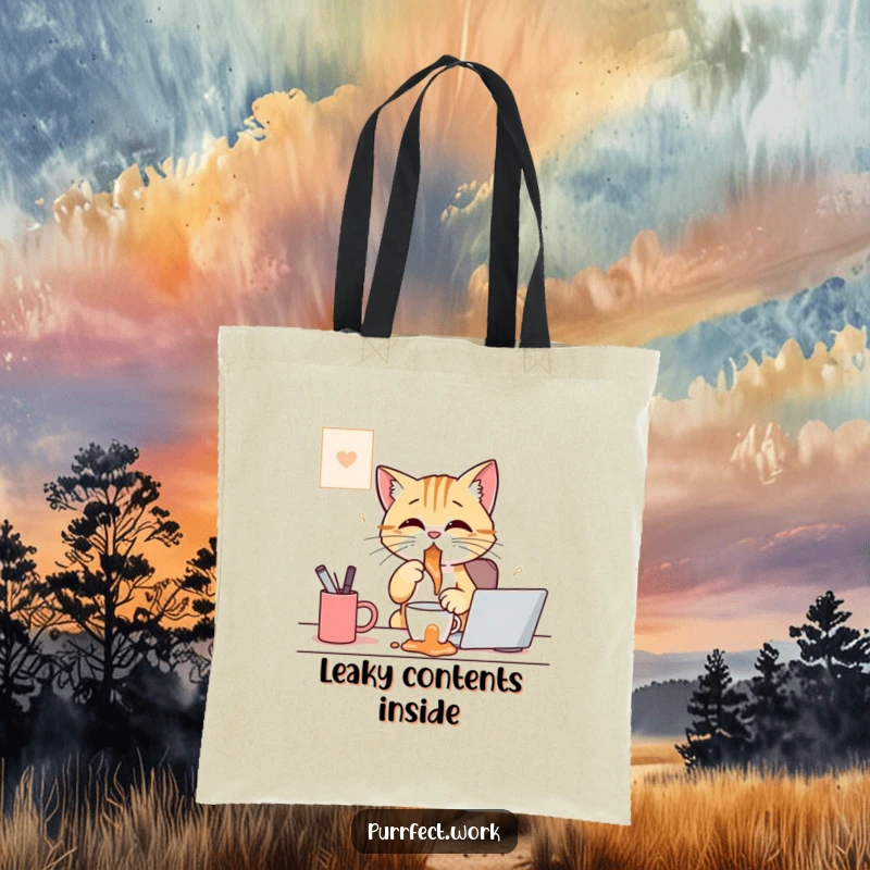 Funny tote bag graphic of a cat at a desk, comically spilling coffee, perfect for carrying items with a touch of humor.
