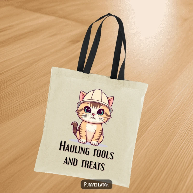 Funny cat tote bag with a cute cat wearing a small yellow hard hat, ready to haul supplies.