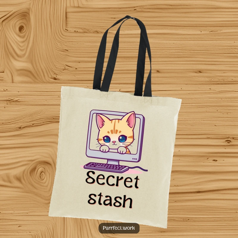 Funny Mischievous Cat Tote Bag: A durable bag featuring a cat partially hidden behind a computer screen, perfect for carrying daily items.