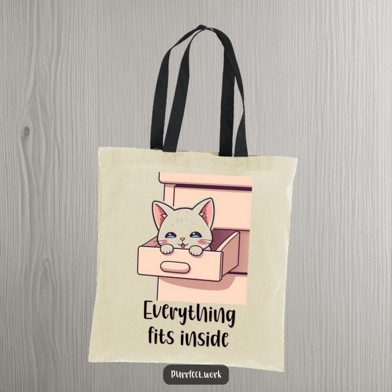 Funny Peek-a-Boo Cat Tote Bag: A tote bag print of a curious cat peeking out from a desk drawer.