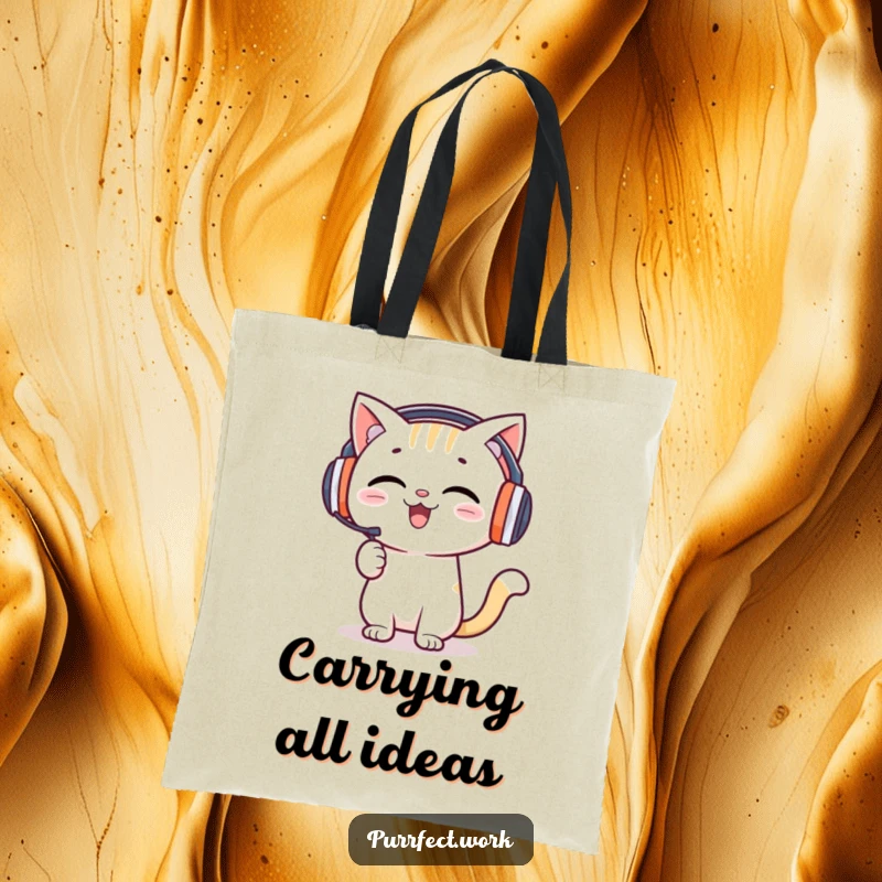 Funny tote bag with a happy cat wearing headphones, enthusiastically presenting, perfect for carrying books or work items.