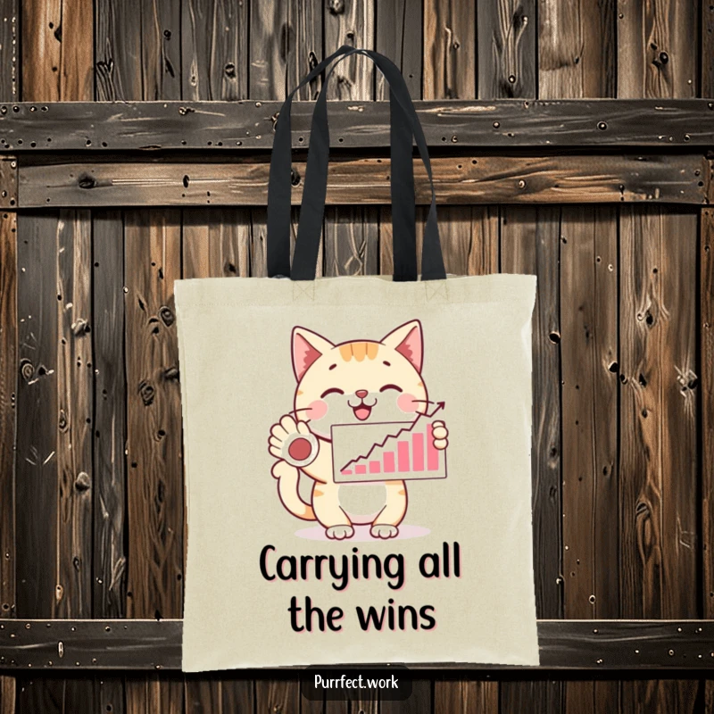 Funny happy cat presenting a graph with a paw, looking proud, a humorous and durable tote bag for a funny gift.