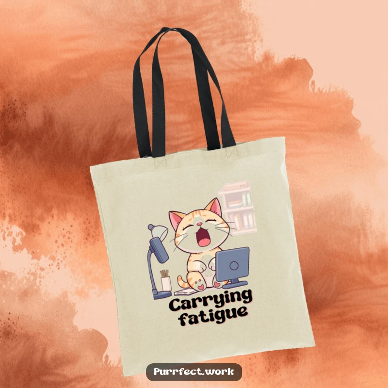 Funny Sleepy Cat Tote Bag: A durable tote bag featuring a cat yawning widely at a desk, perfect for carrying daily items.