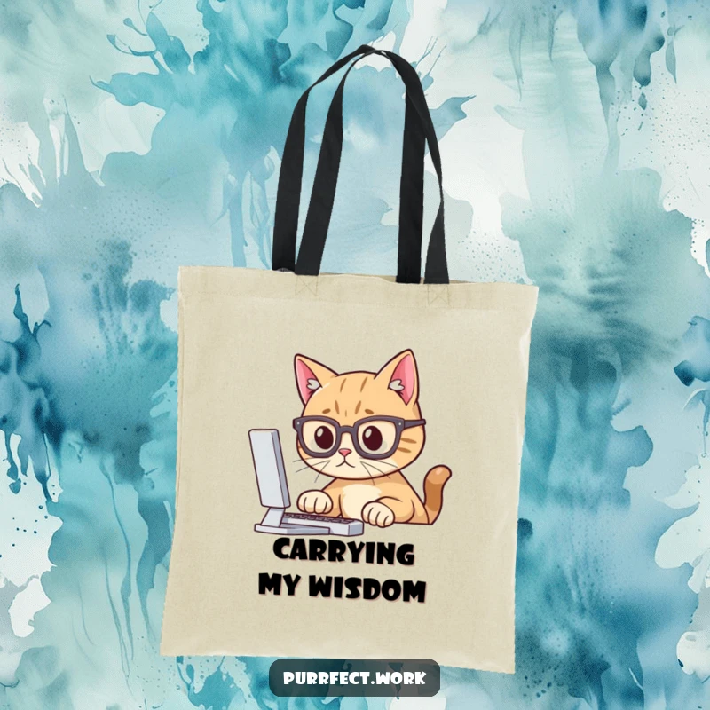 Funny tote bag graphic of a cat wearing reading glasses, fixated on a computer, representing knowledge and feline charm.
